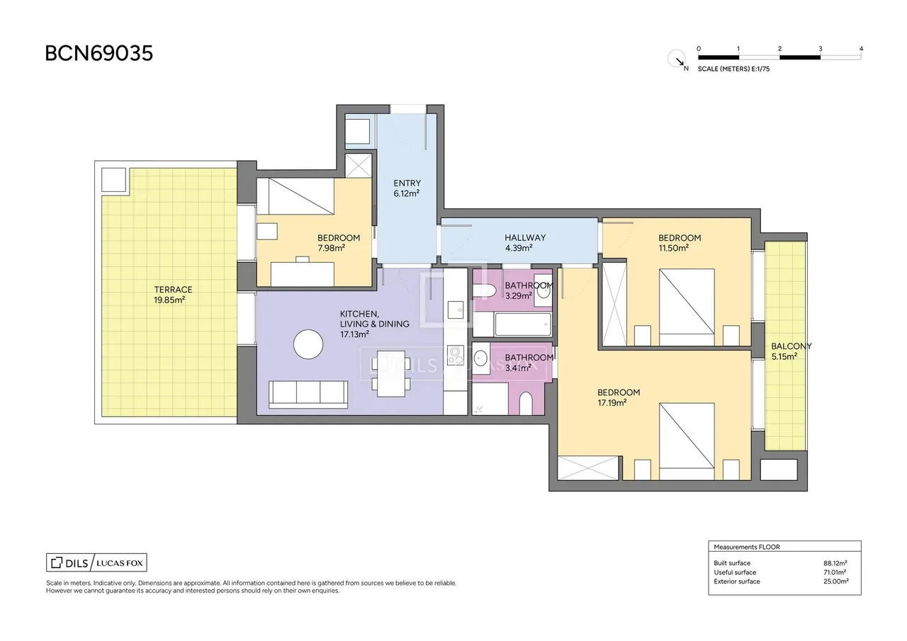 living - Piso de 88m² con 20m² terraza en venta en Poblenou - Plano del piso - 1
