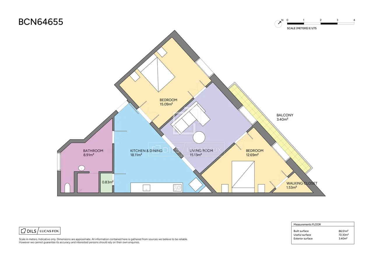 living - 86m² apartment for sale in Sant Antoni, Barcelona - Floor Plan - 1