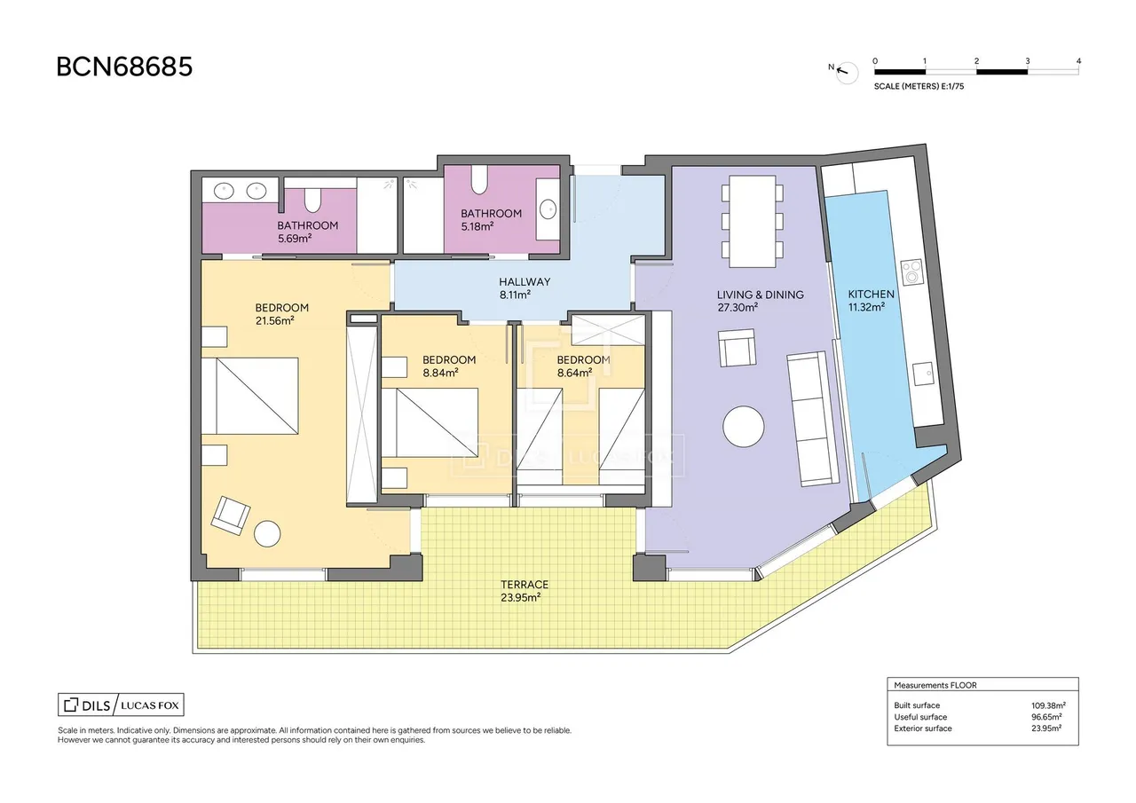living - 109m² apartment with 27m² terrace for sale in Gótico - Floor Plan - 1