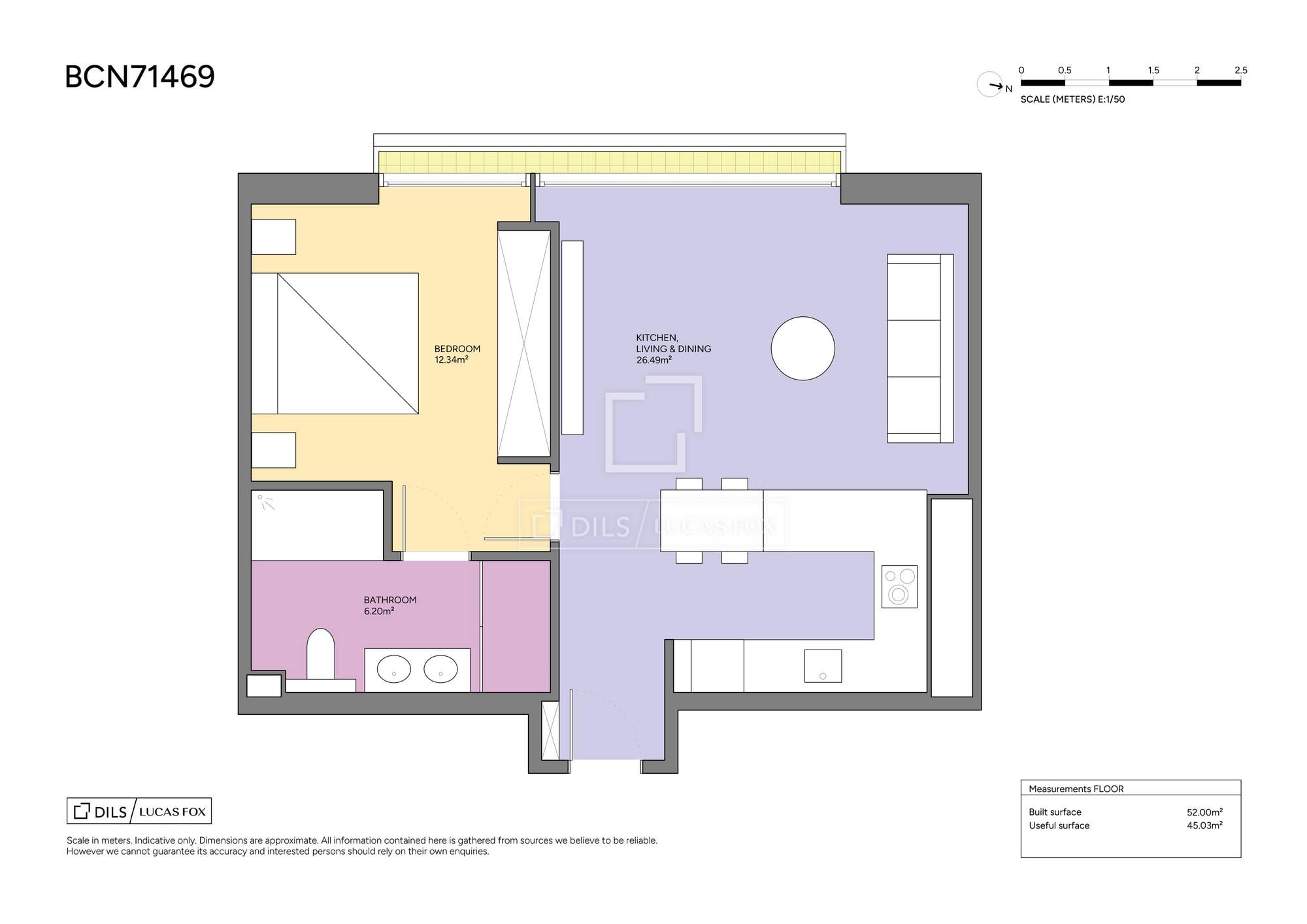 living - Piso de 52m² en venta en Barceloneta, Barcelona - Plano del piso - 1