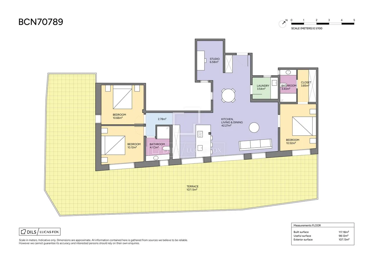 living - Ático de 117m² con 107m² terraza en venta en Les Corts - Plano del piso - 1