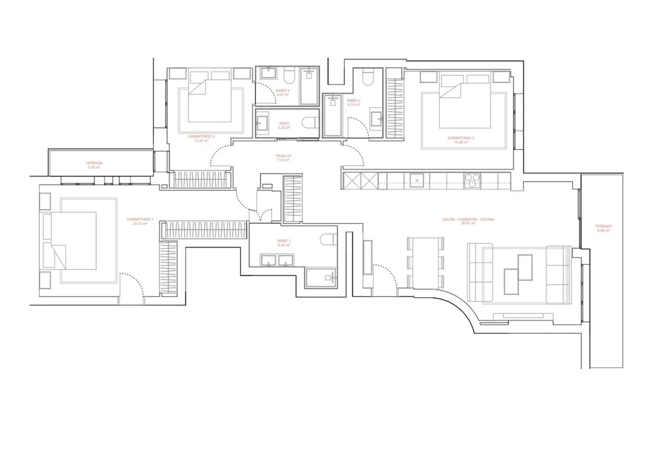 living - Piso de 120m² con 11m² terraza en venta en Arapiles, Madrid - Plano del piso - 1