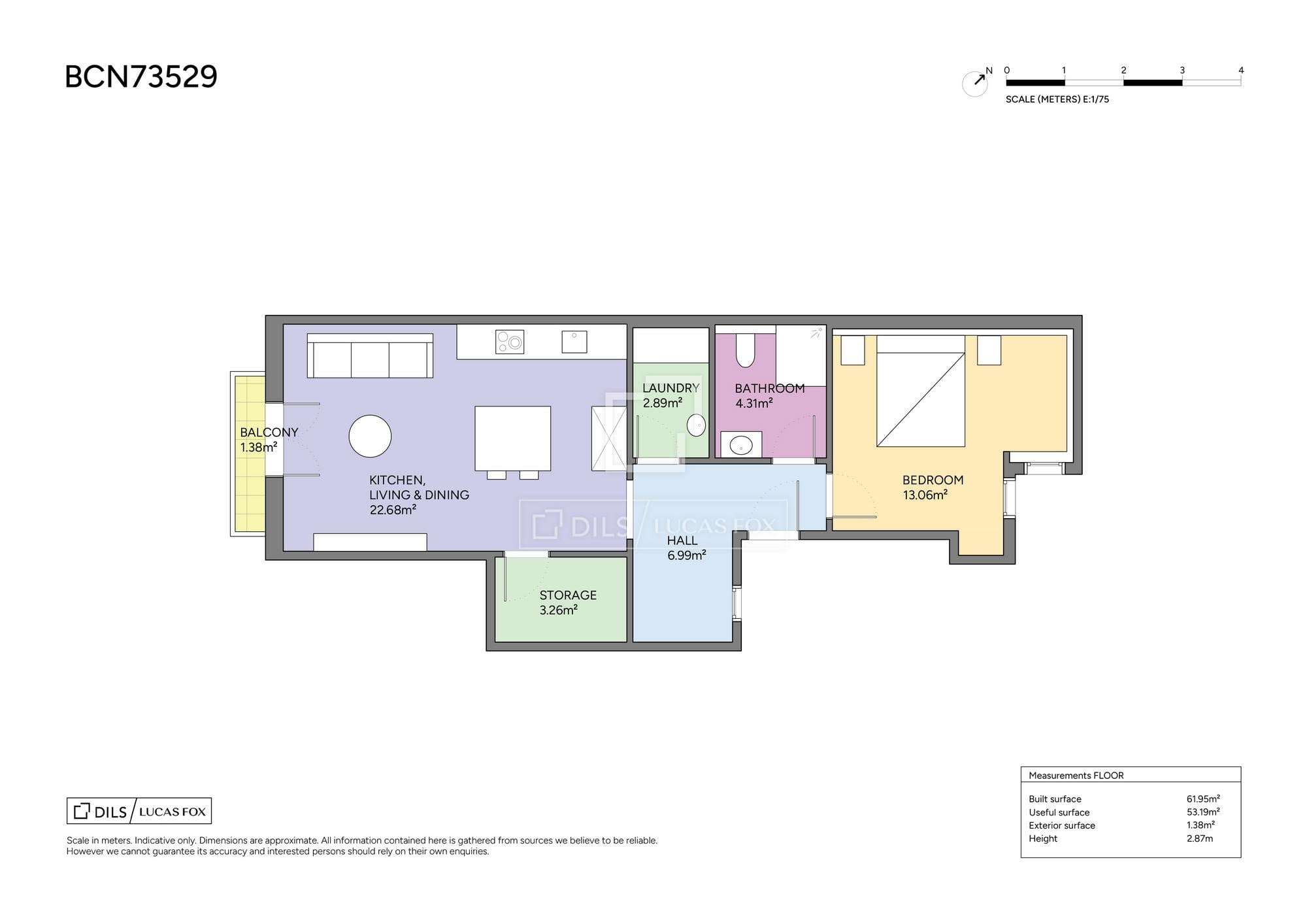 living - Piso de 56m² en venta en El Raval, Barcelona - Plano del piso thumbnail - 1