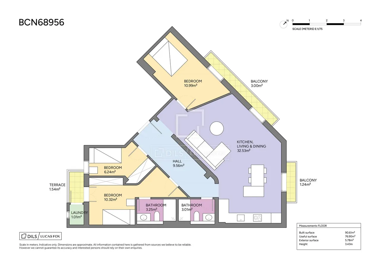 living - 95m² apartment for sale in Eixample Right, Barcelona - Floor Plan - 1