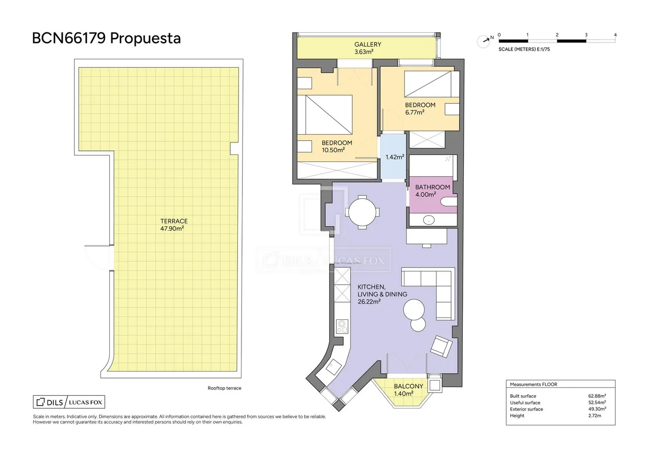 living - Piso de 61m² con 50m² terraza en venta en Sant Gervasi - Galvany - Plano del piso - 1