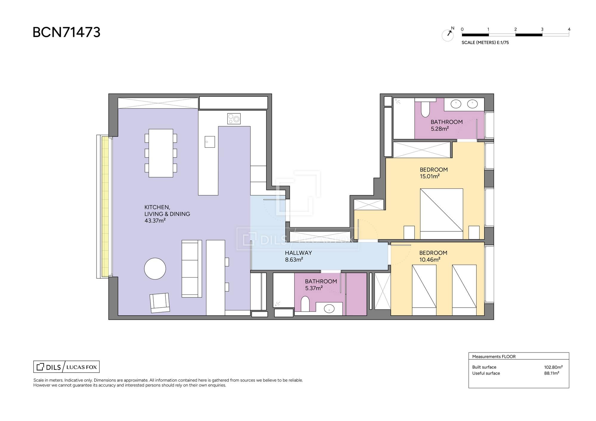 living - Ático de 103m² con 40m² terraza en venta en Barceloneta - Plano del piso thumbnail - 1