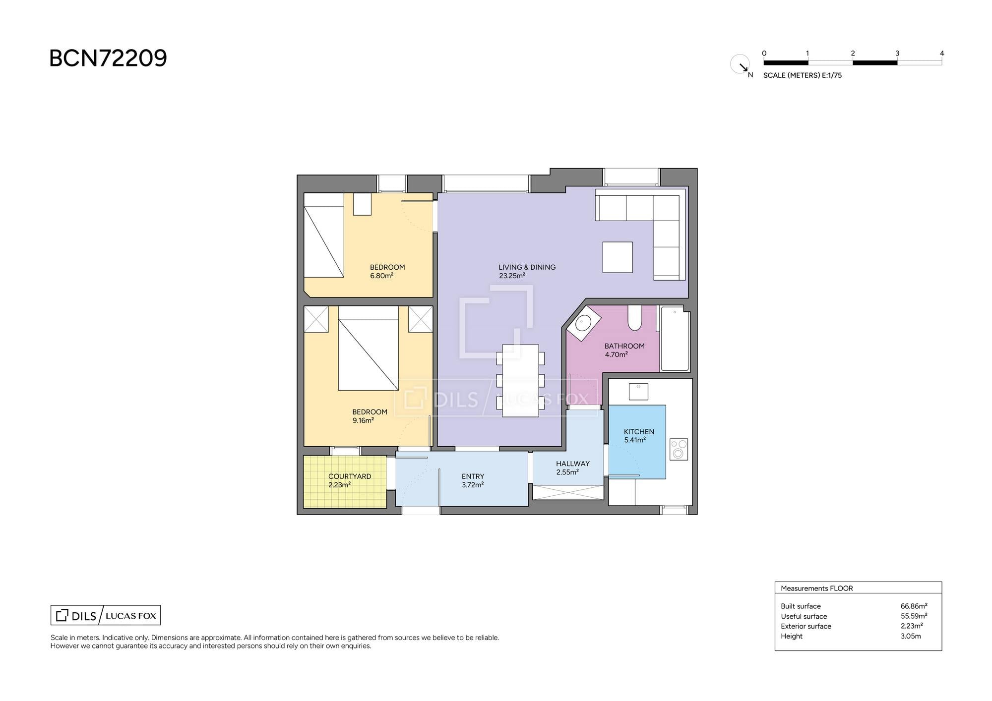 living - 68m² apartment for sale in Eixample Right, Barcelona - Floor Plan - 1