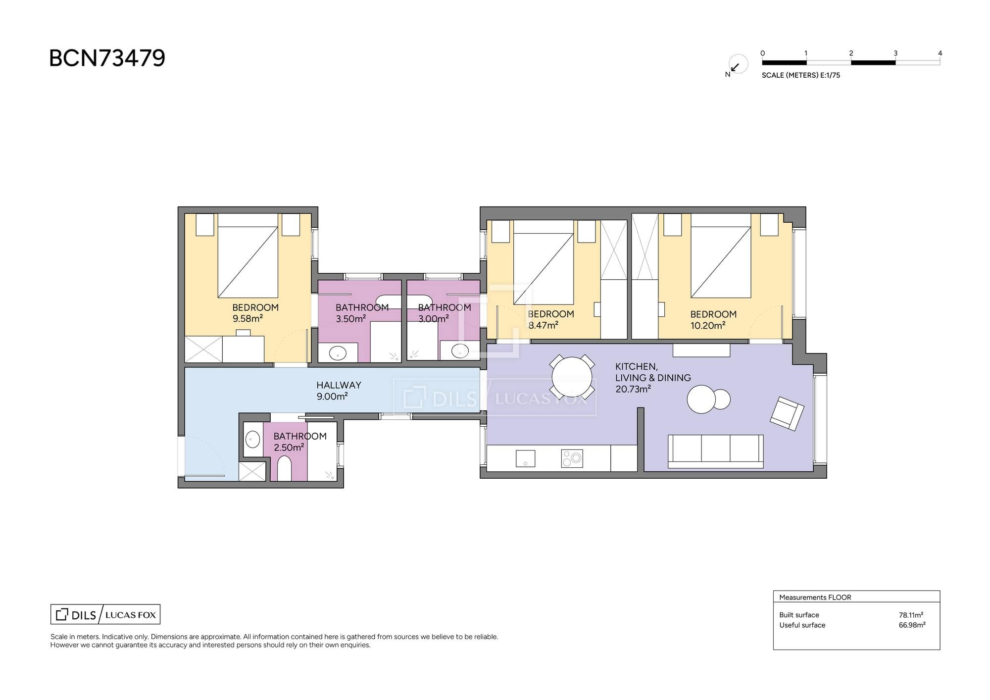 living - Piso de 78m² en venta en El Raval, Barcelona - Plano del piso - 1