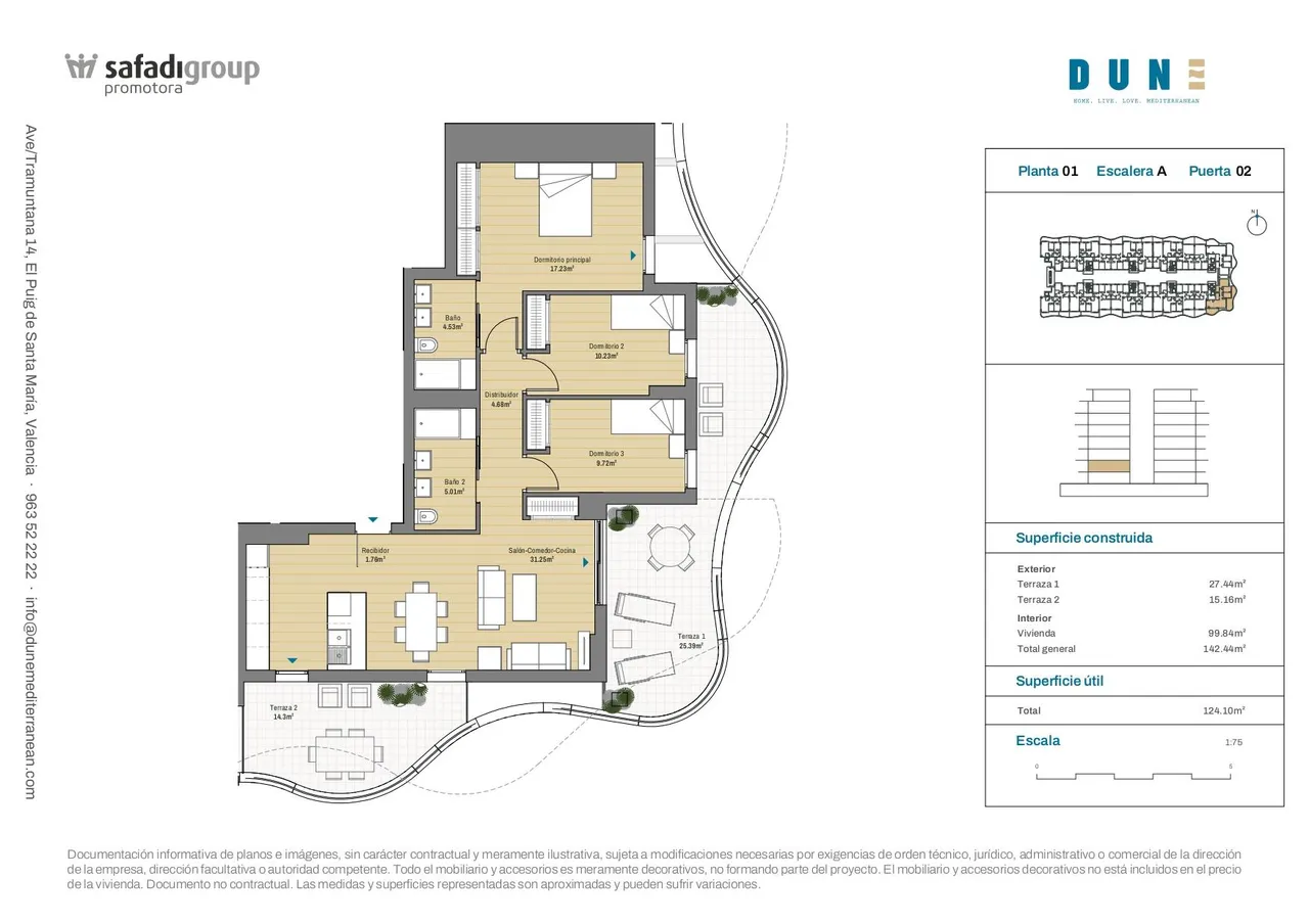 living - 142m² apartment with 42m² terrace for sale in El Puig / Puebla Farnals - Floor Plan - 1