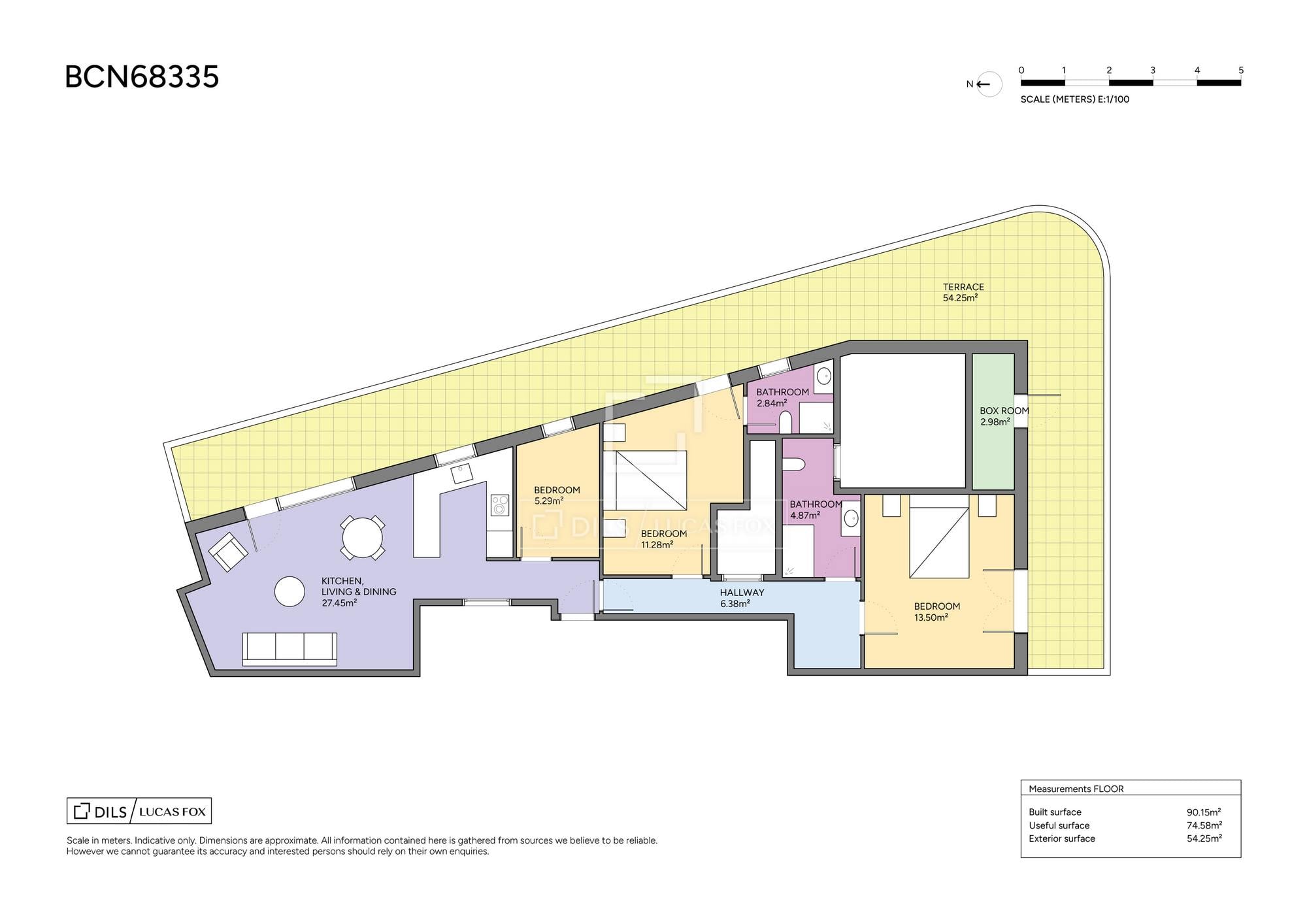 living - Ático de 90m² con 64m² terraza en venta en Sants-Badal - Plano del piso - 1