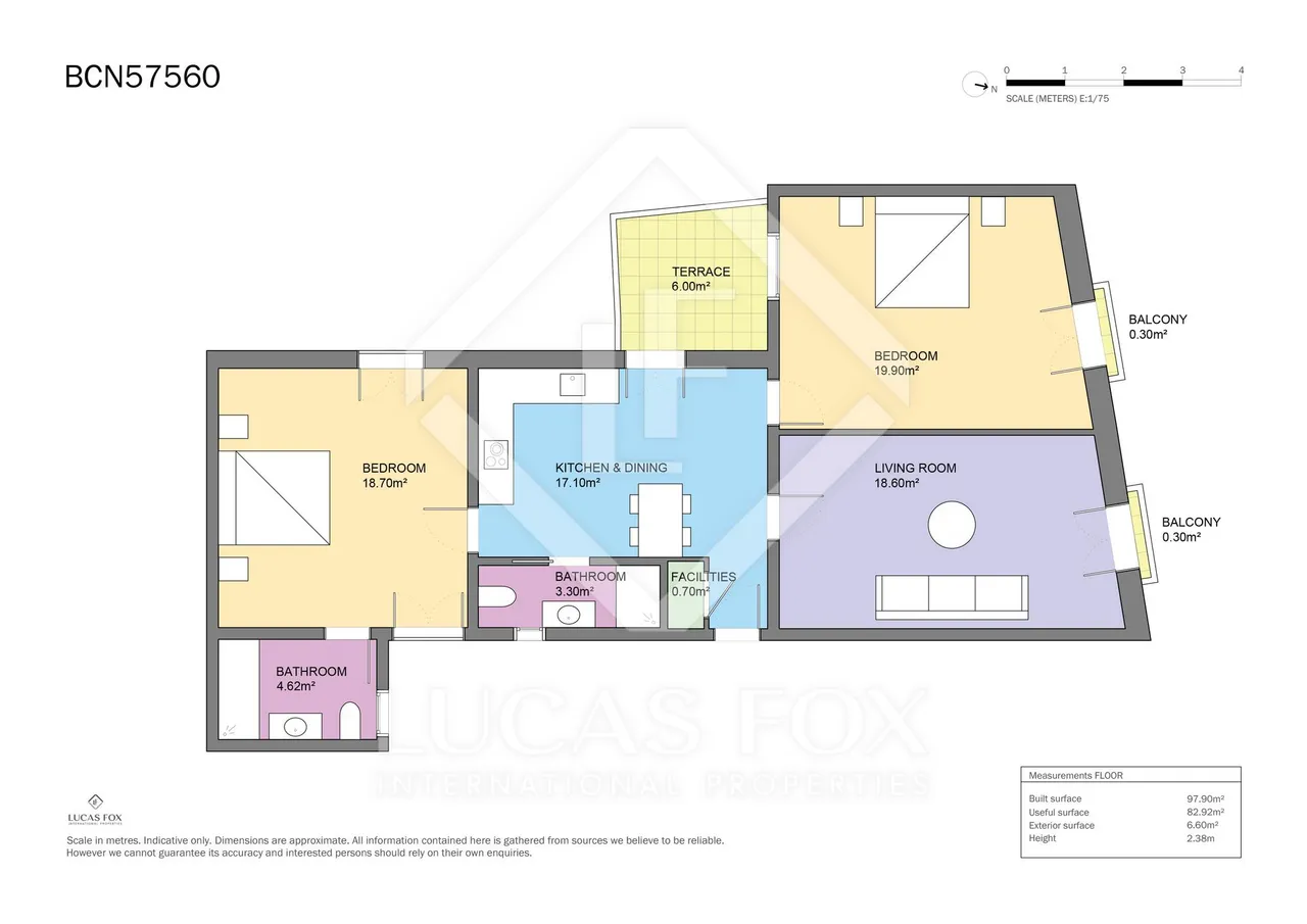 living - Piso de 95m² con 8m² terraza en venta en Gótico, Barcelona - Plano del piso - 1