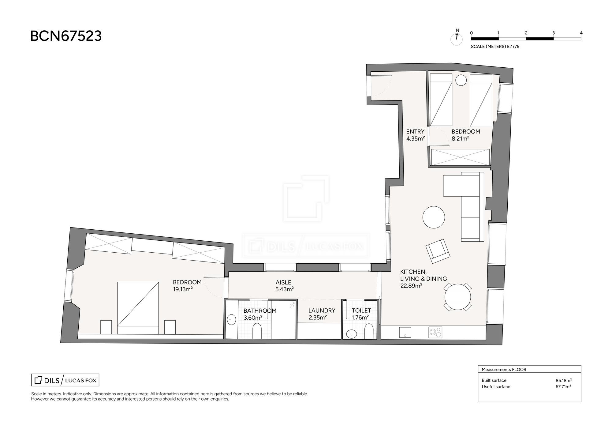 living - Piso de 85m² con 7m² terraza en venta en Gótico, Barcelona - Plano del piso thumbnail - 1