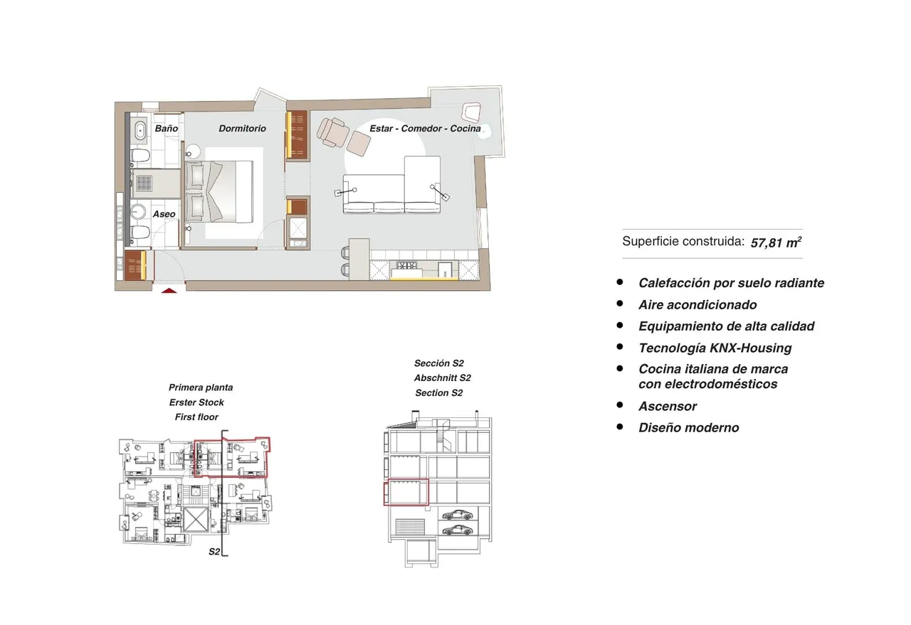 living - Piso de 60m² en alquiler en Palma de Mallorca - Plano del piso - 1