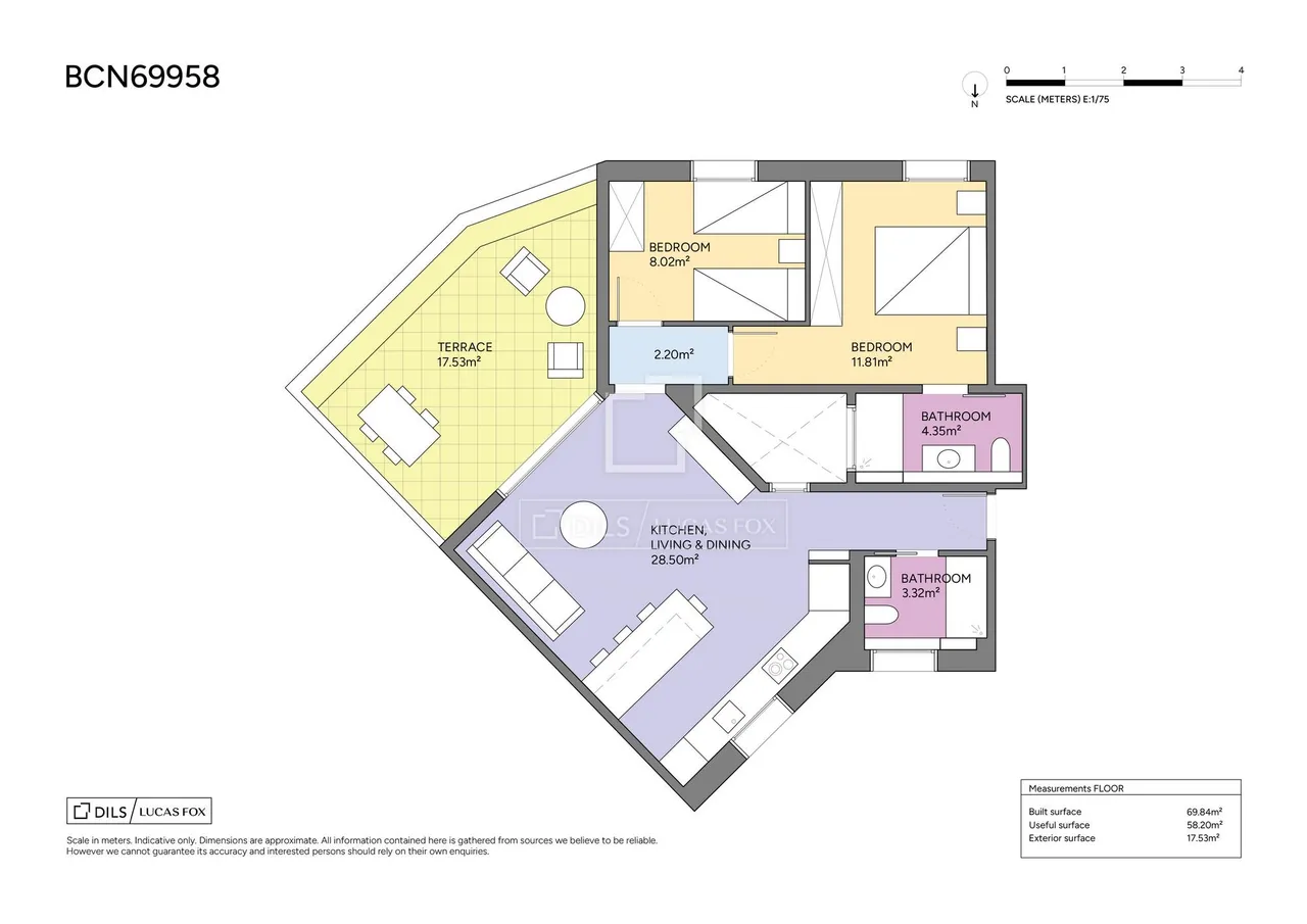 living - Ático de 70m² con 69m² terraza en venta en Eixample Derecho - Plano del piso - 1
