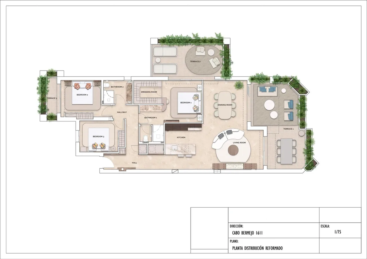 living - Piso de 130m² con 67m² terraza en venta en New Golden Mile - Plano del piso - 1