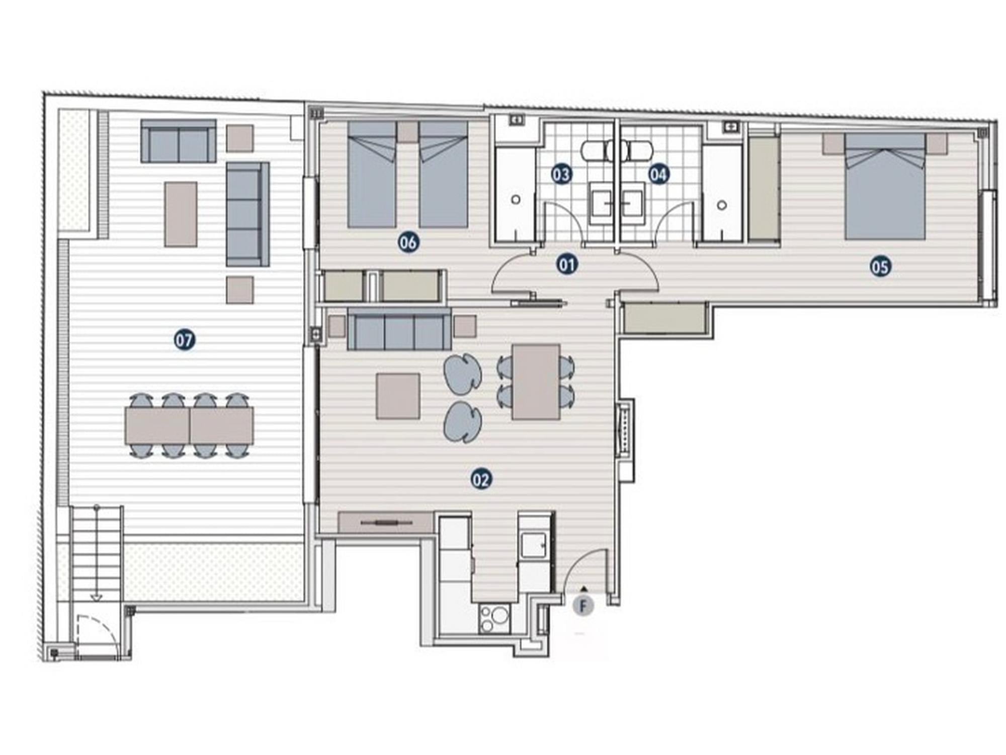 living - Piso de 105m² con 35m² terraza en alquiler en Pacífico - Plano del piso thumbnail - 1