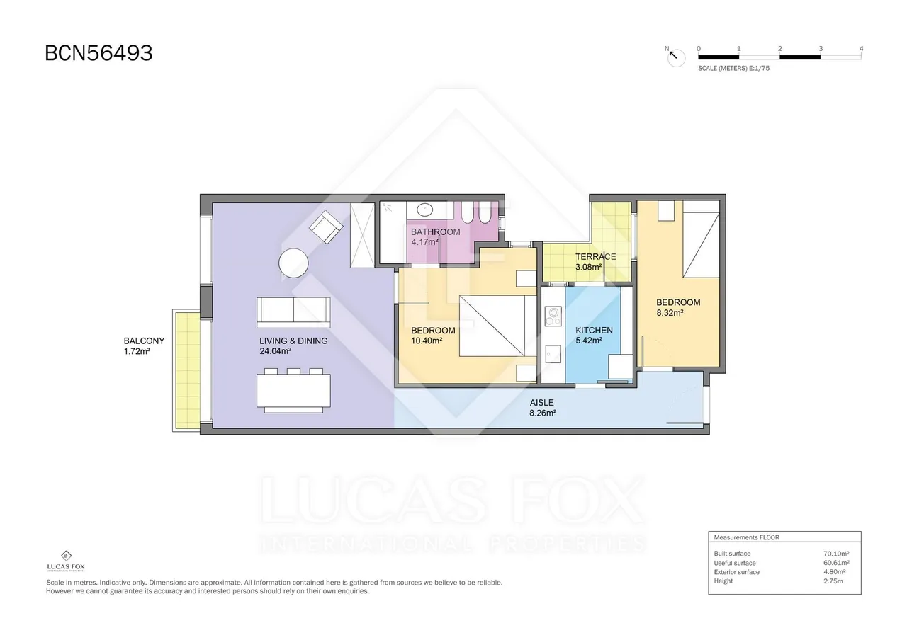 living - 66m² apartment for rent in Eixample Right, Barcelona - Floor Plan - 1