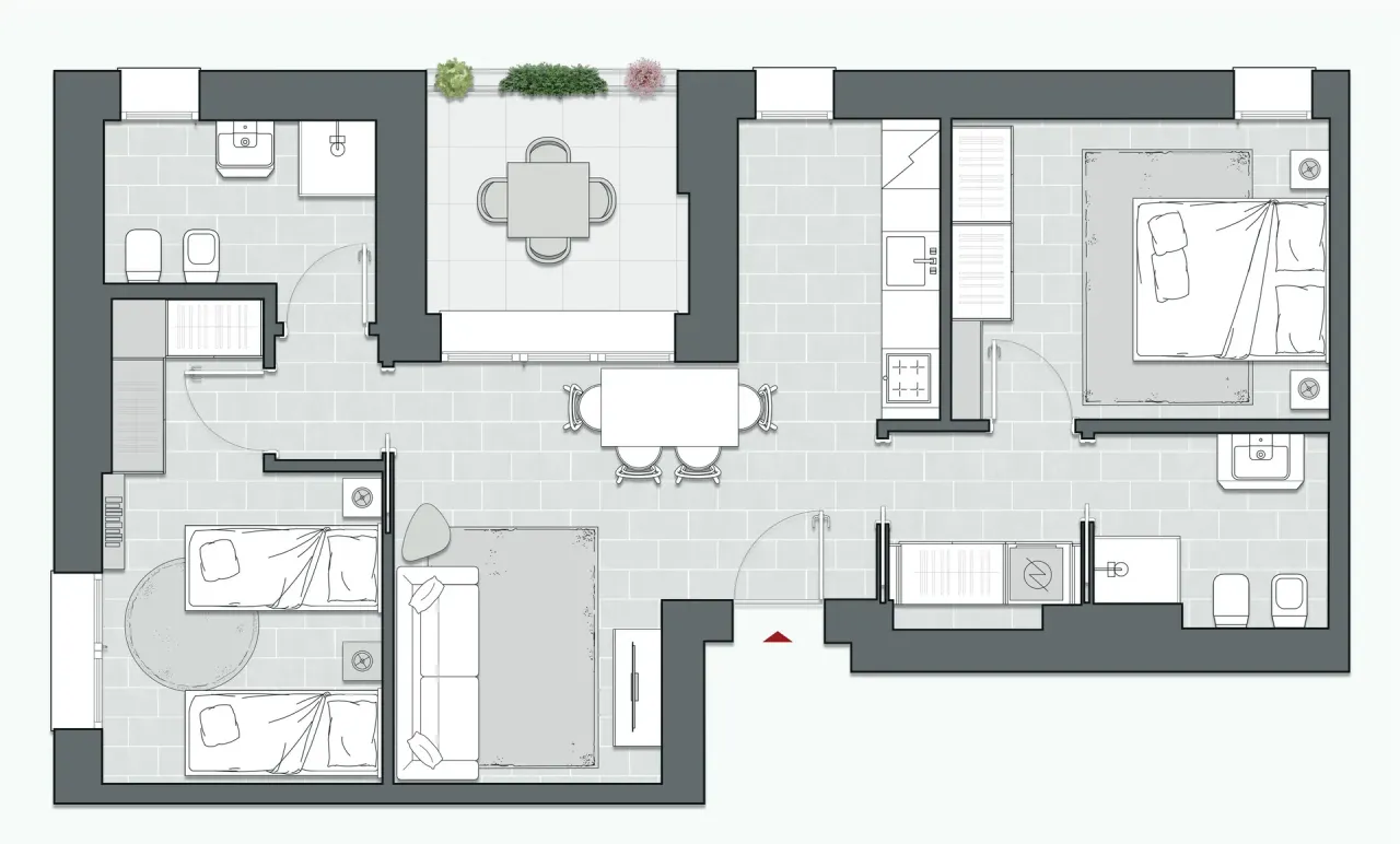 Two Bedrooms of 91 sqm - Edificio C1 - LivinUp  | Milano - Floor Plan - 1