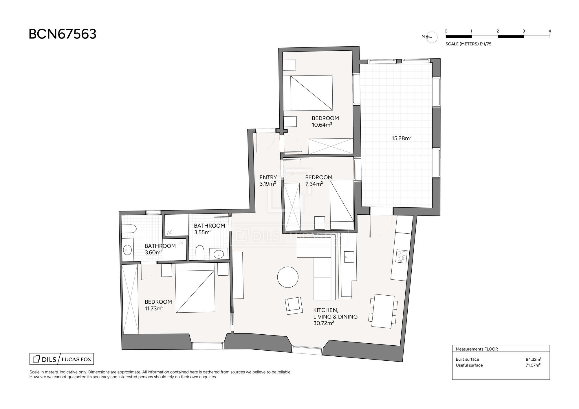 living - Piso de 84m² con 15m² terraza en venta en Gótico, Barcelona - Plano del piso thumbnail - 1