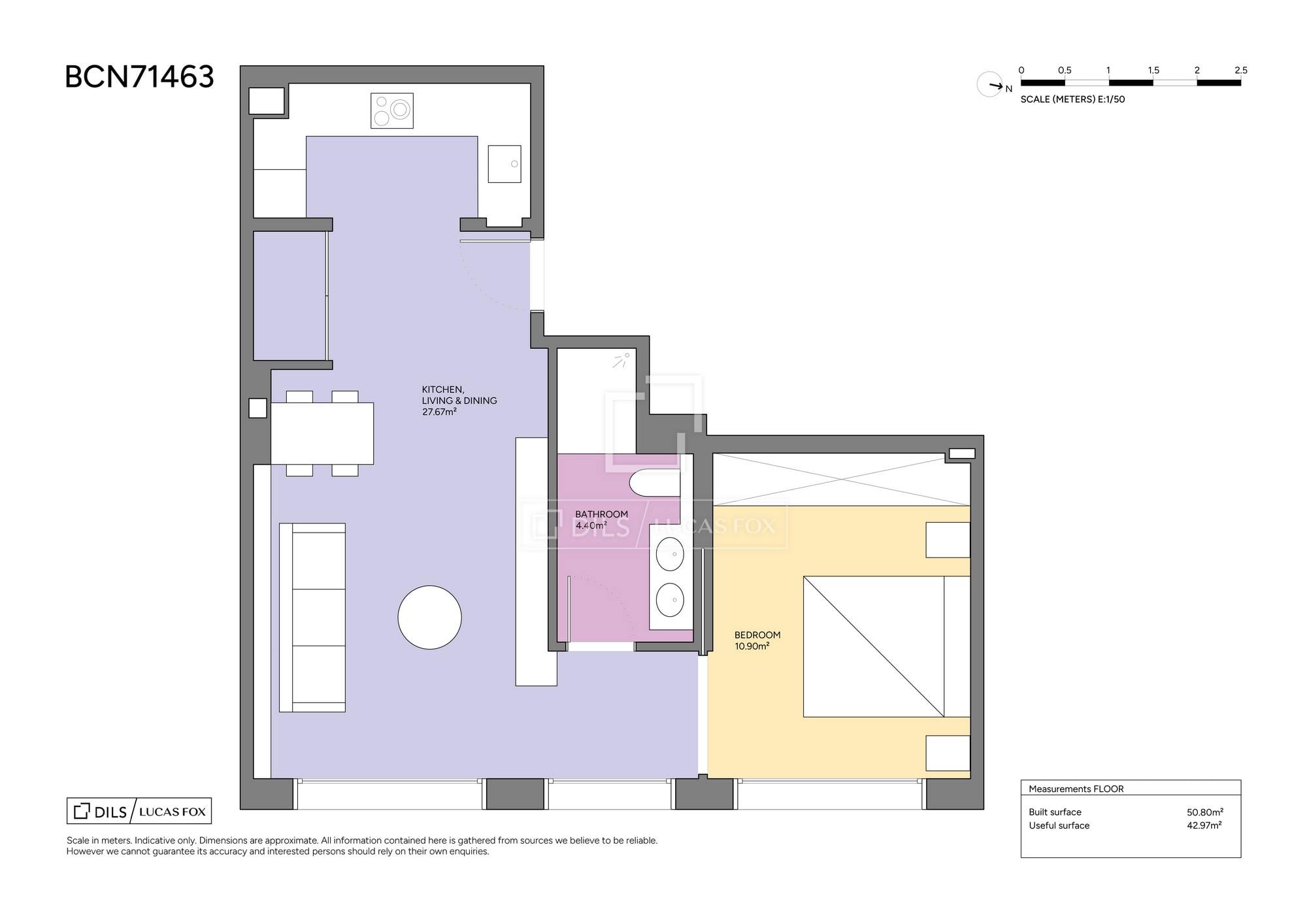 living - Piso de 51m² en venta en Barceloneta, Barcelona - Plano del piso - 1