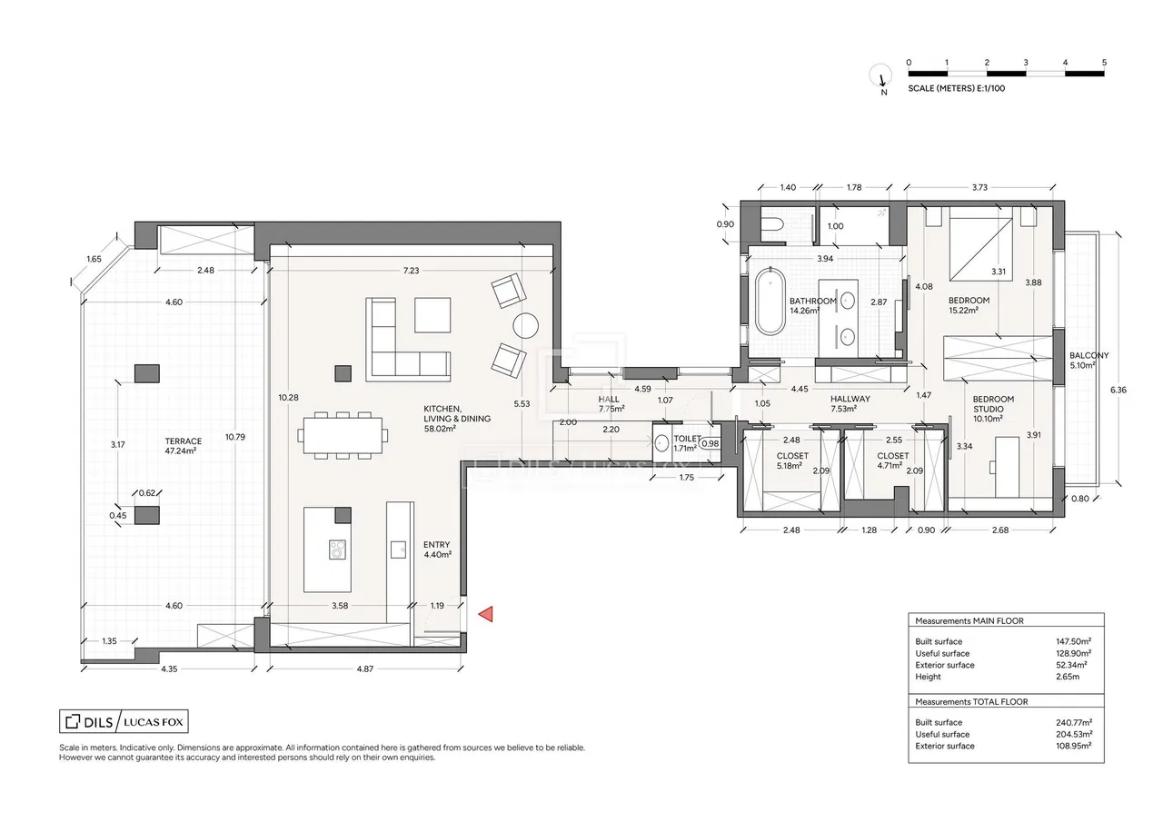 living - Ático de 240m² con 108m² terraza en venta en Les Corts - Plano del piso - 1