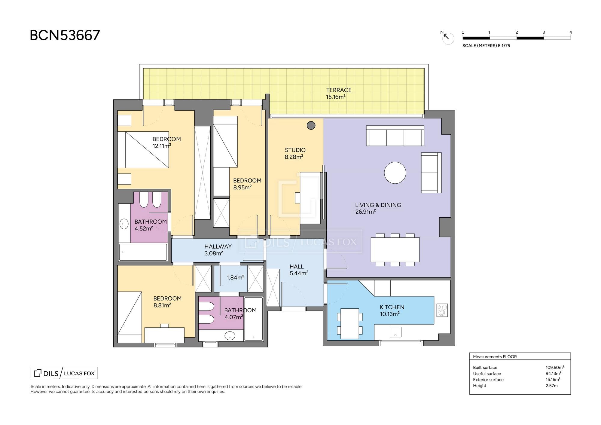 living - 110m² apartment with 15m² terrace for sale in Eixample Left - Floor Plan - 1