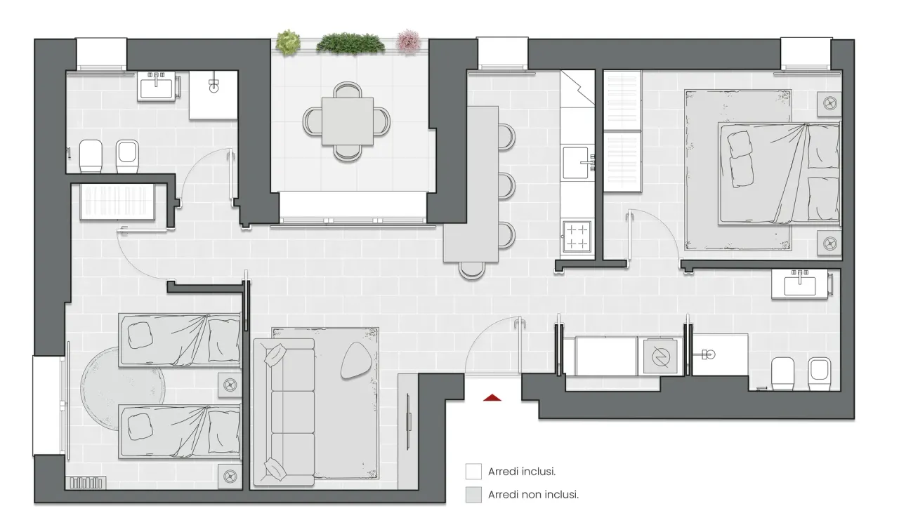 Two Bedrooms of 91 sqm - Edificio C1 - LivinUp  | Milano - Floor Plan - 1